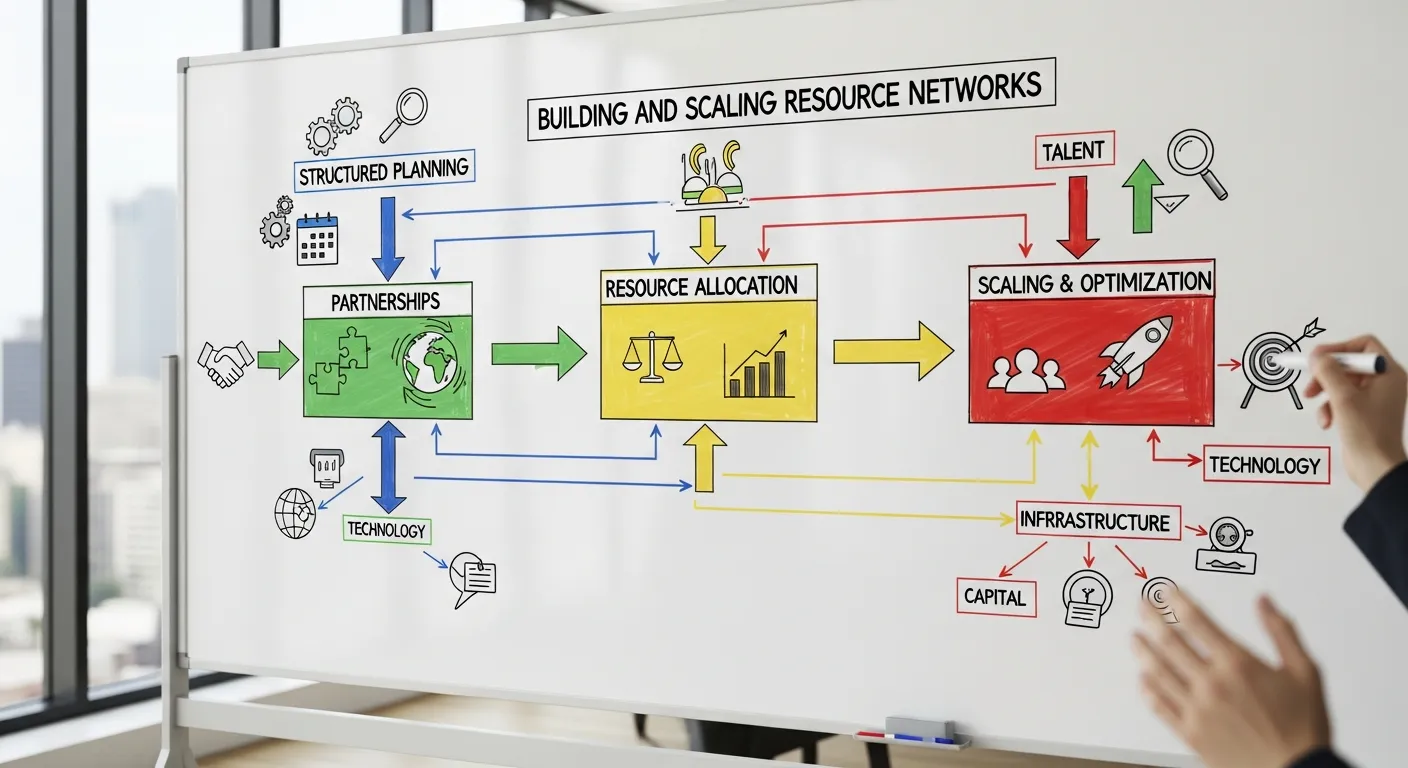 Step-by-step workflow showing how businesses build and scale resource networks with structured planning and partnerships.