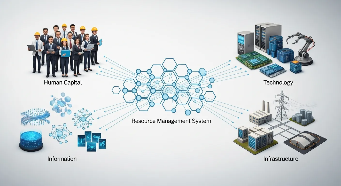 Diagram illustrating human capital, technology, information, and infrastructure in a resource management system.