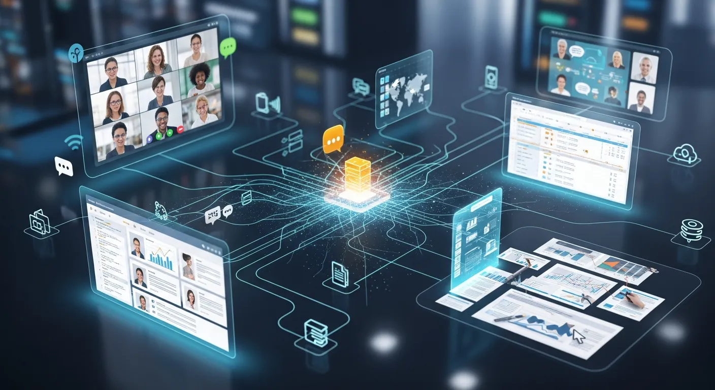Modern business collaboration network showing connected teams, tools, and global communication systems.