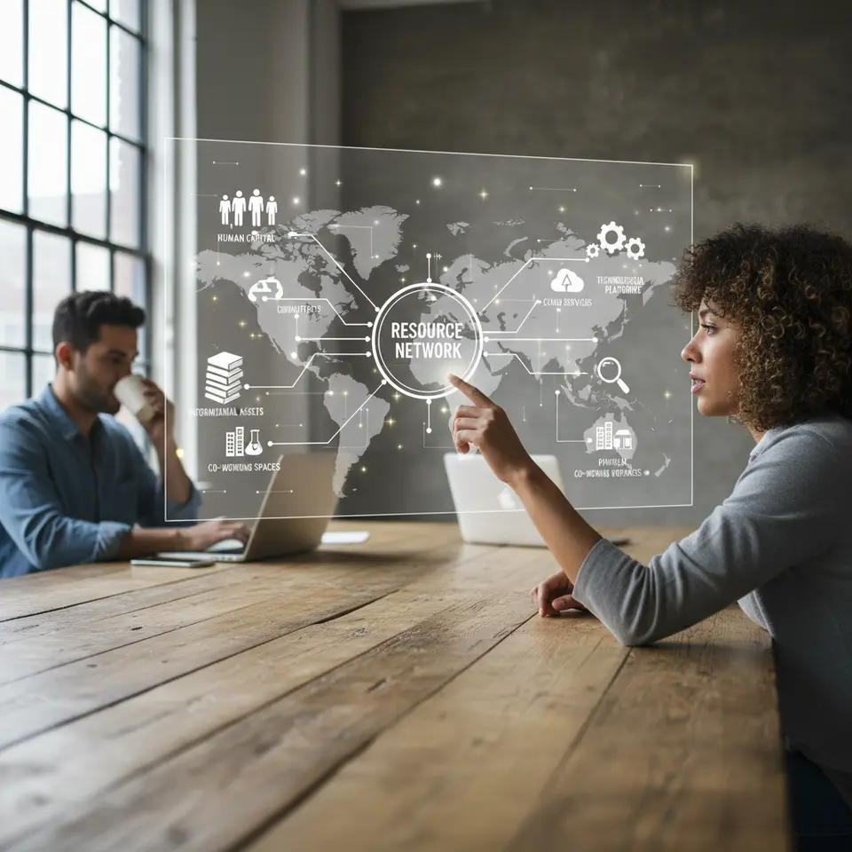 A vibrant resource-network ecosystem diagram: a central hub labeled “Resource Network” branches out to icons for human capital (consultants, contractors), technological platforms (cloud services, APIs, collaboration software), informational assets (data libraries, research papers) and physical infrastructure (co-working spaces, labs). Arrows and data streams connect each node, overlaid on a world map background to convey global reach and real-time collaboration.