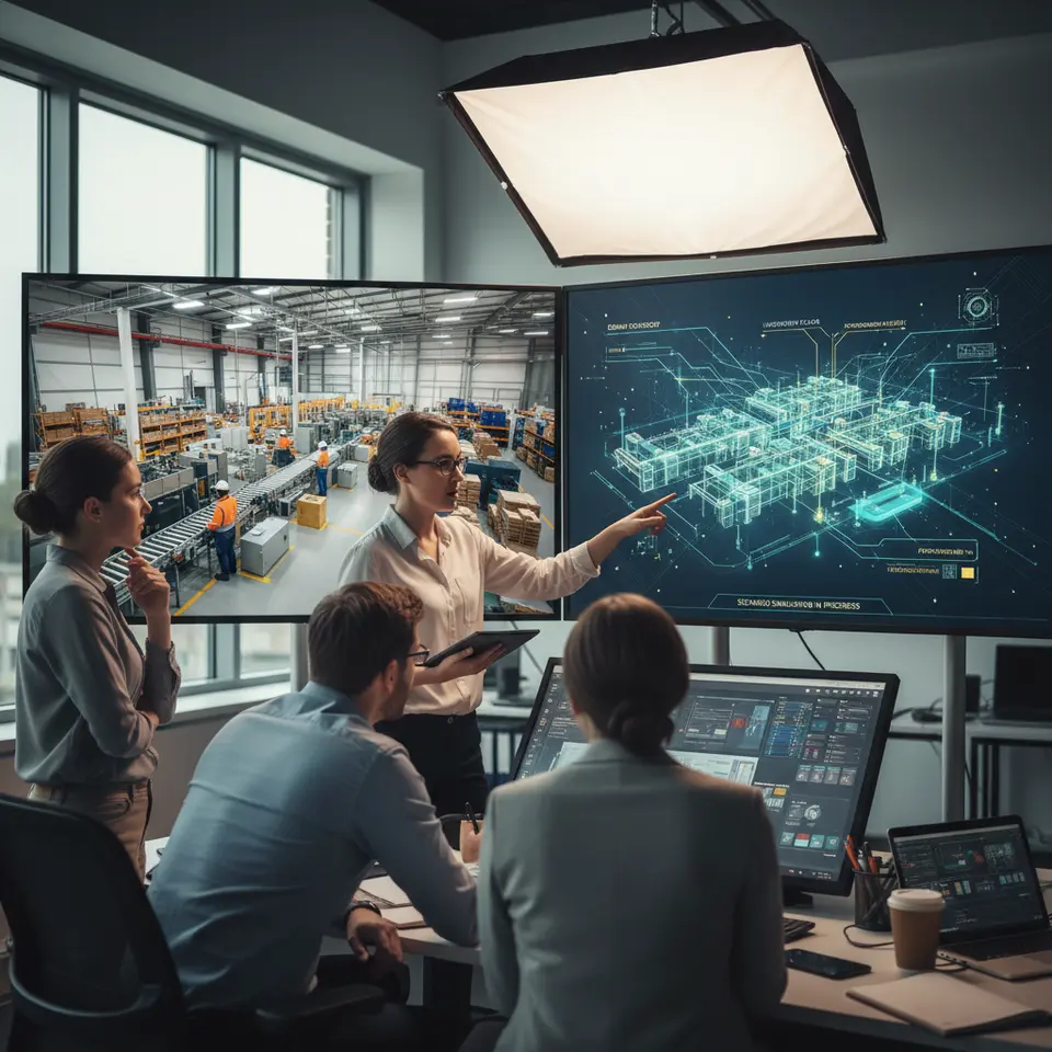 Conceptual illustration of a digital twin in action: side-by-side panels showing a physical facility (warehouses, production lines) and its virtual replica. The virtual side is overlaid with simulation data—demand forecasts, inventory flows, and performance metrics—connected by glowing lines to the real-world layout, highlighting how teams run scenarios before making operational decisions.