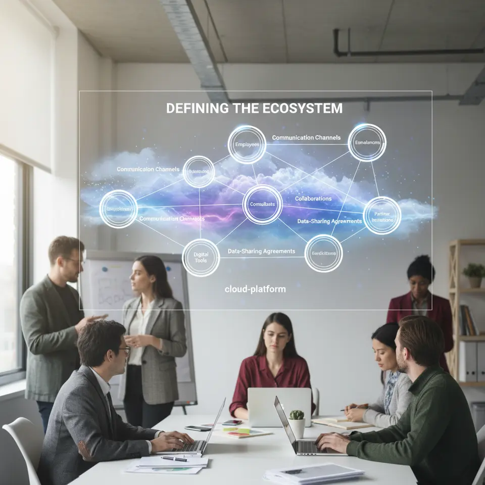 Defining the Ecosystem: A stylized network diagram showing diverse nodes—employees, freelancers, consultants, digital tools, partner institutions—linked by glowing lines that represent communication channels, data-sharing agreements, and collaborations, all overlaid on a translucent cloud-platform background.