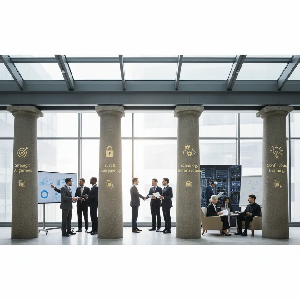 A classical architectural scene featuring four sturdy pillars beneath a corporate-style roof: each pillar labeled respectively Strategic Alignment (target icon), Trust & Transparency (open padlock icon), Technology Infrastructure (gear and cloud icon), and Continuous Learning (book and lightbulb icon), symbolizing the foundational pillars supporting a resilient resource network.