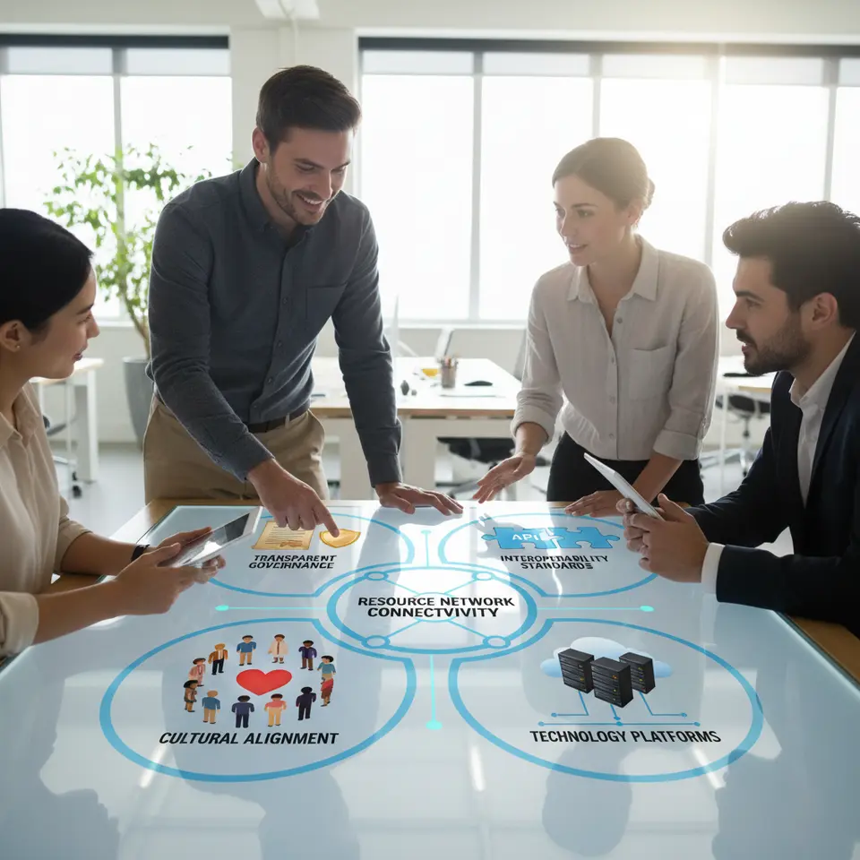 An infographic illustrating the four core elements driving resource network connectivity: transparent governance (a document with a shield icon), interoperability standards (API puzzle pieces), cultural alignment (diverse people icons around a heart), and technology platforms (servers and cloud symbols) all interlocking to form a unified network.