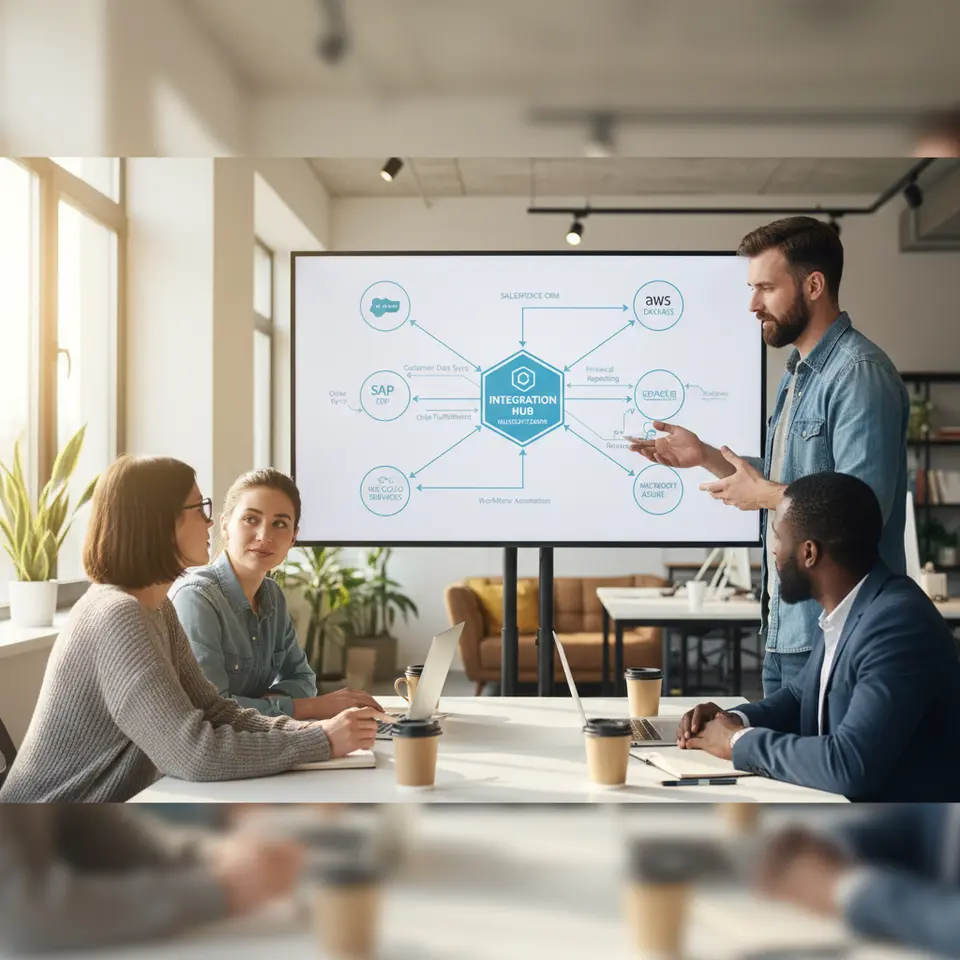 A diagram of an API-driven integration hub: a central platform icon (representing MuleSoft/Zapier) with labeled connectors and arrows linking CRM systems, ERP platforms, custom databases, and cloud services to depict seamless, bi-directional data flow.